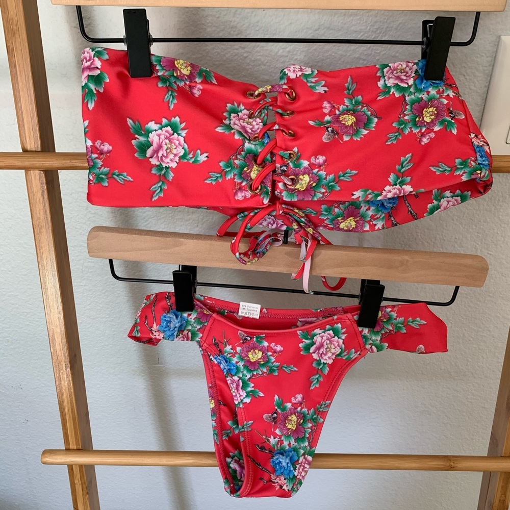 Floral Red Bandeau Two Piece Bikini